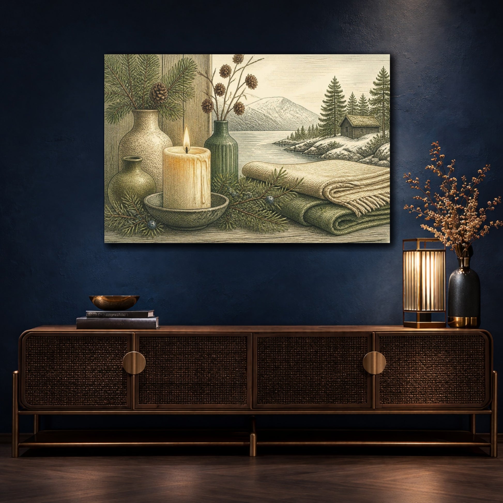 Mockup 4. Nordic Candle Cabin Scene shown as canvas print