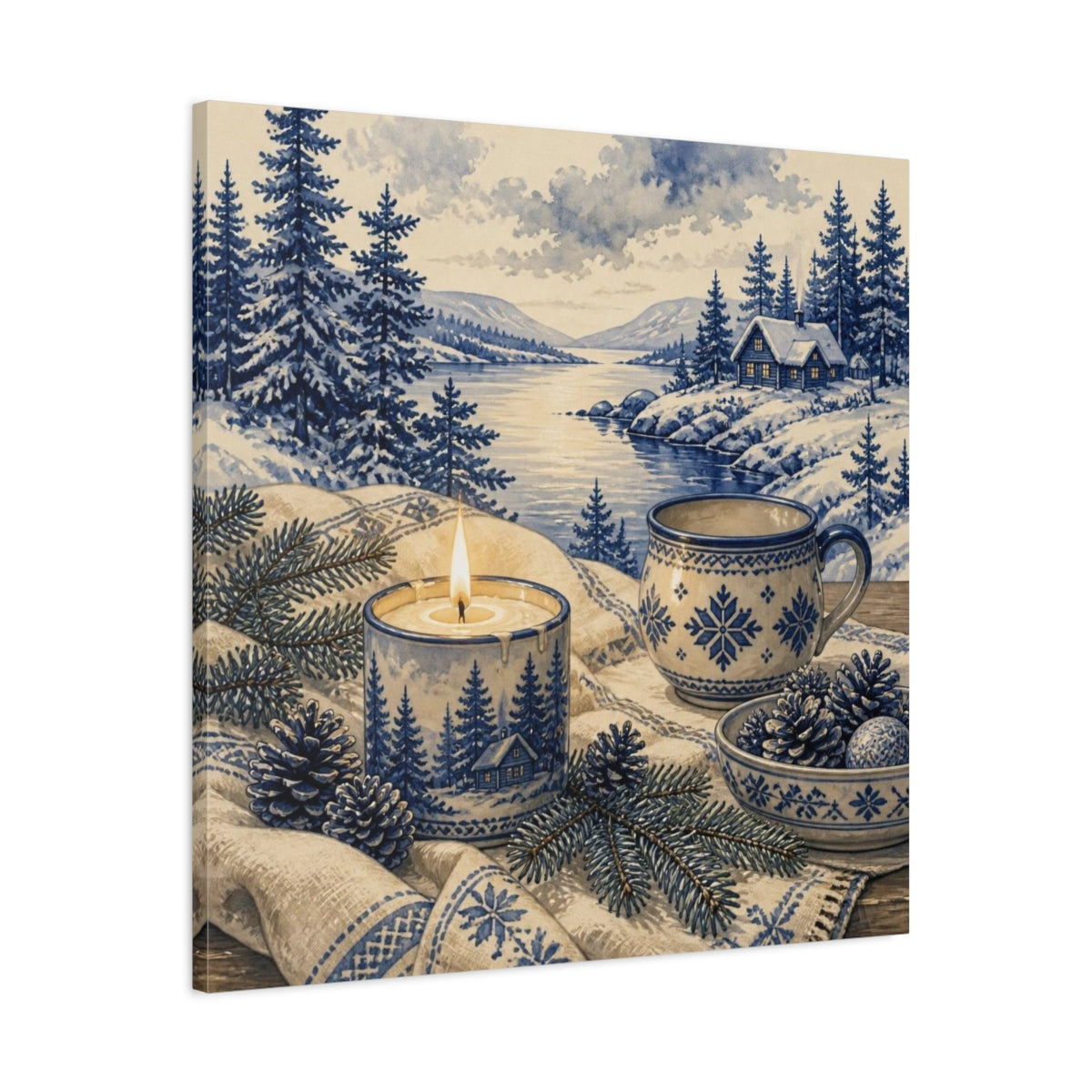 Side Mockup 3. Nordic Candle & Mug shown as canvas print