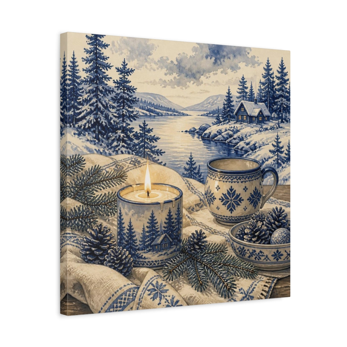 Side Mockup 5. Nordic Candle & Mug shown as canvas print