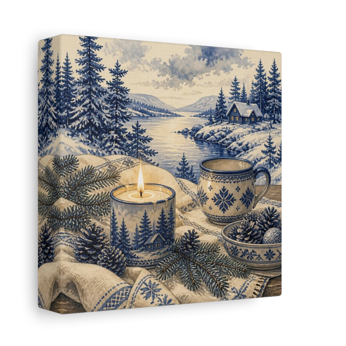 Side Mockup 2. Nordic Candle & Mug shown as canvas print