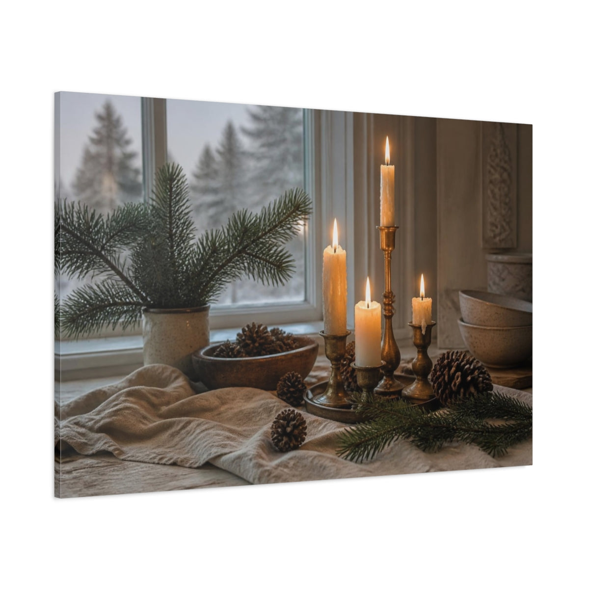 Side Mockup 1. Nordic Candle & Pinecones shown as canvas print