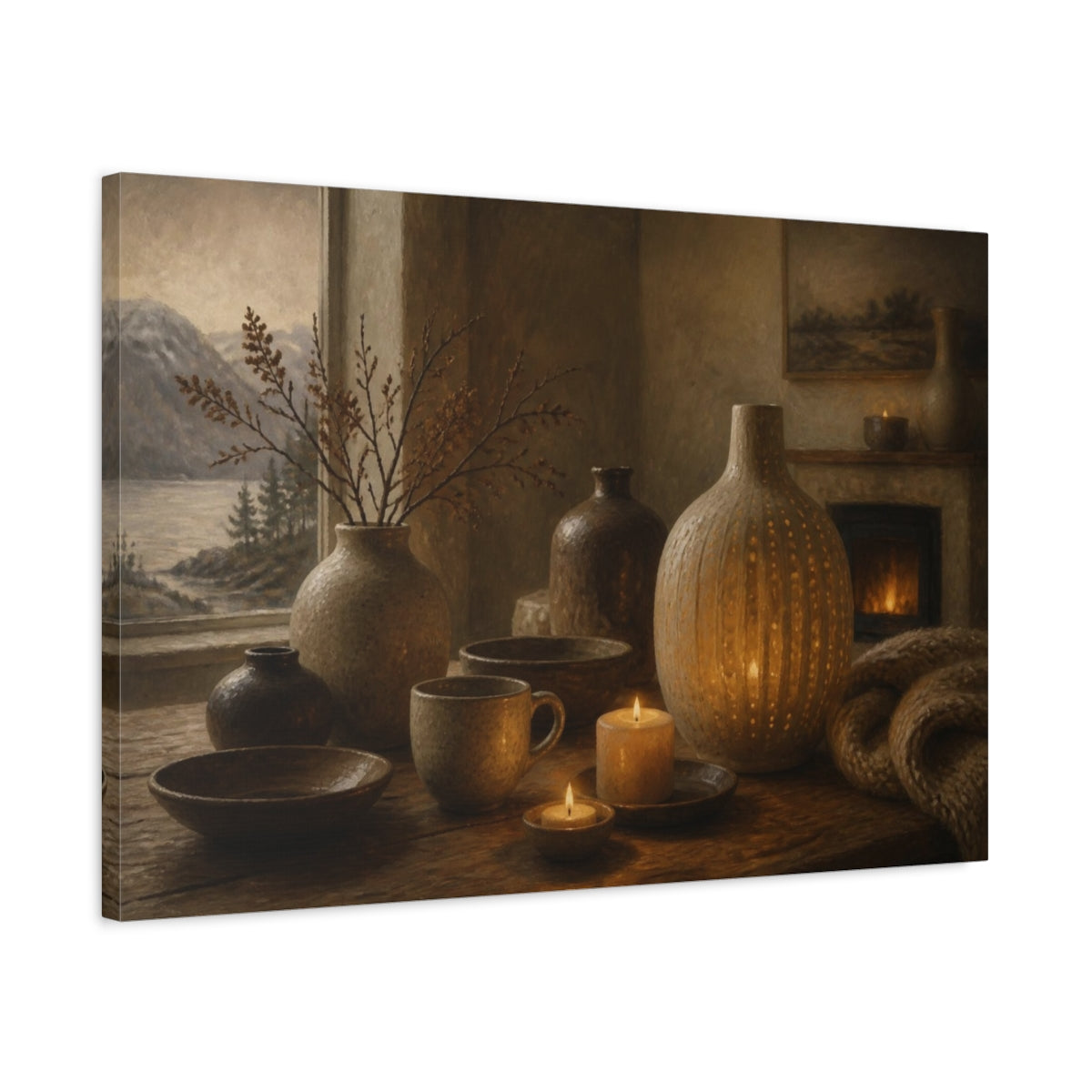 Side Mockup 2. Nordic Candlelit Vases shown as canvas print