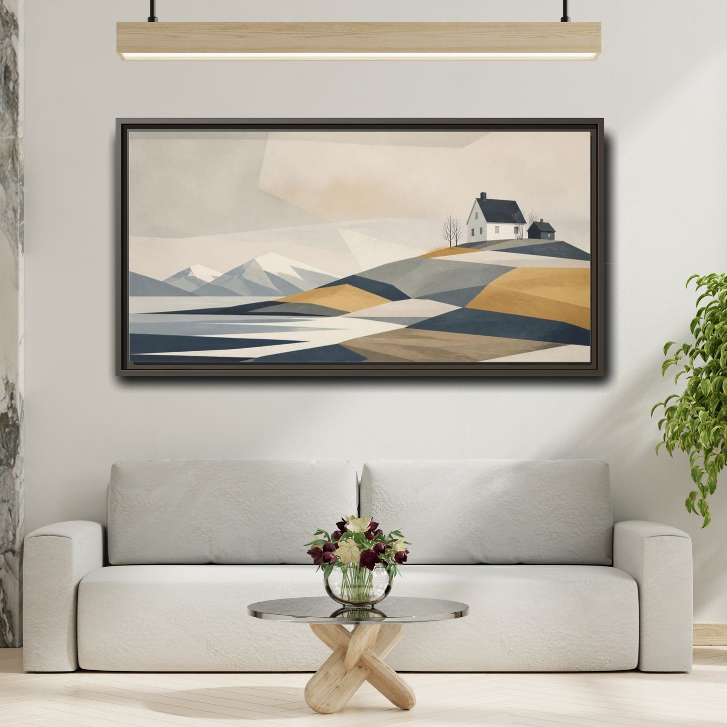 Mockup 2. Nordic Coastal House shown as framed canvas print