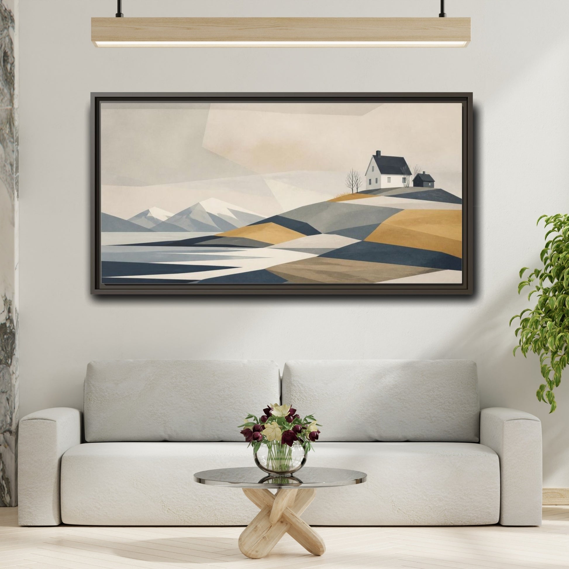 Mockup 2. Nordic Coastal House shown as framed canvas print