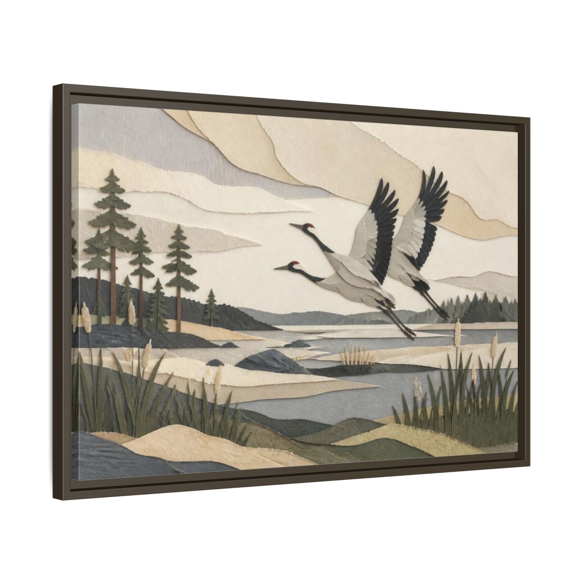 Side Mockup 11. Nordic Crane Flight shown as framed canvas print