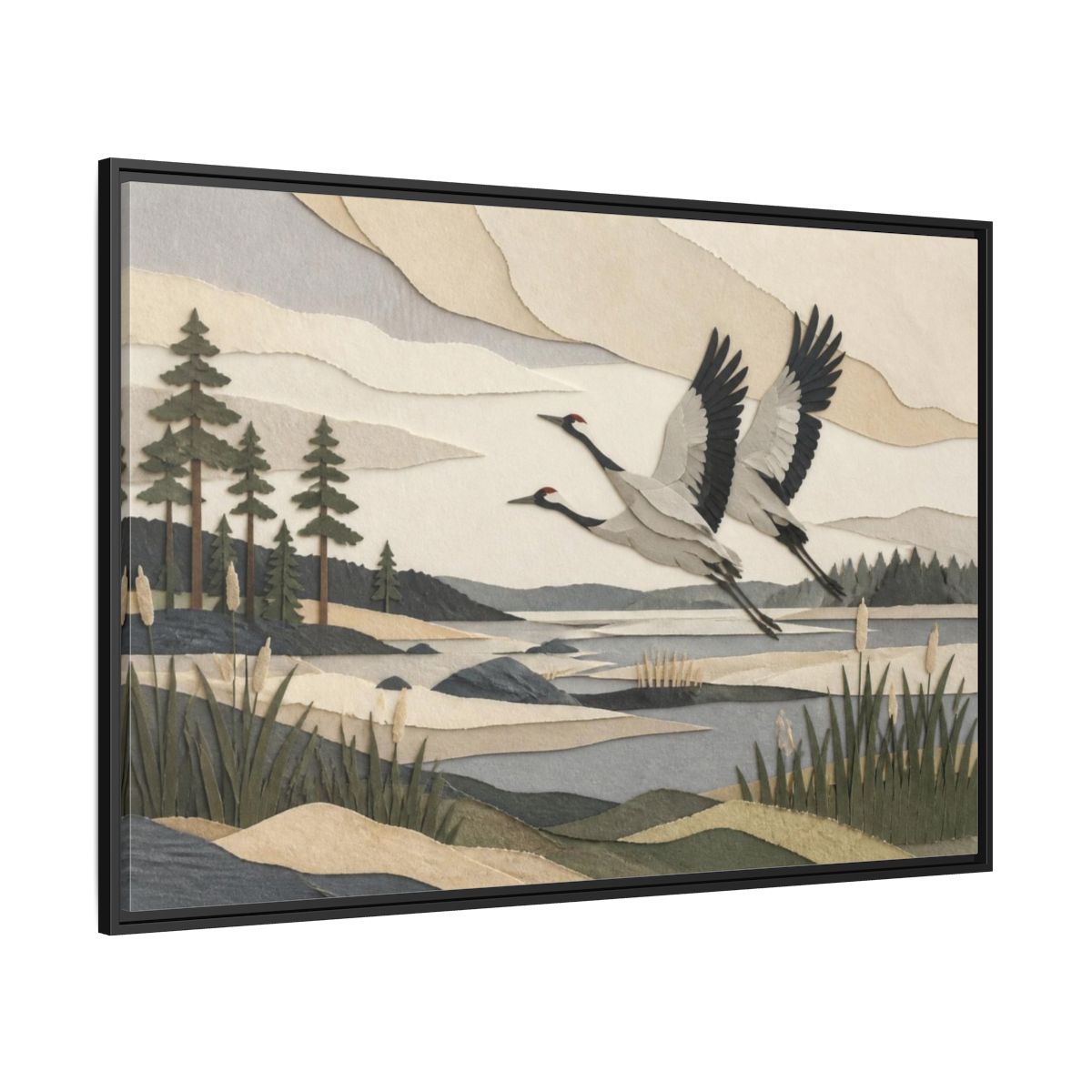 Side Mockup 12. Nordic Crane Flight shown as framed canvas print