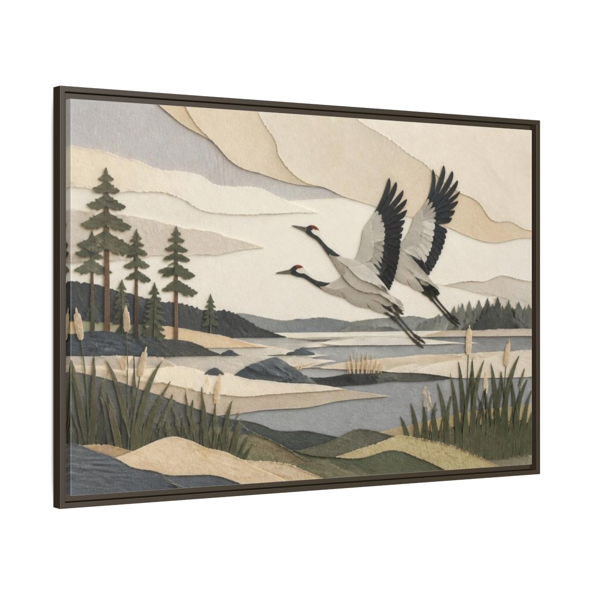 Side Mockup 8. Nordic Crane Flight shown as framed canvas print