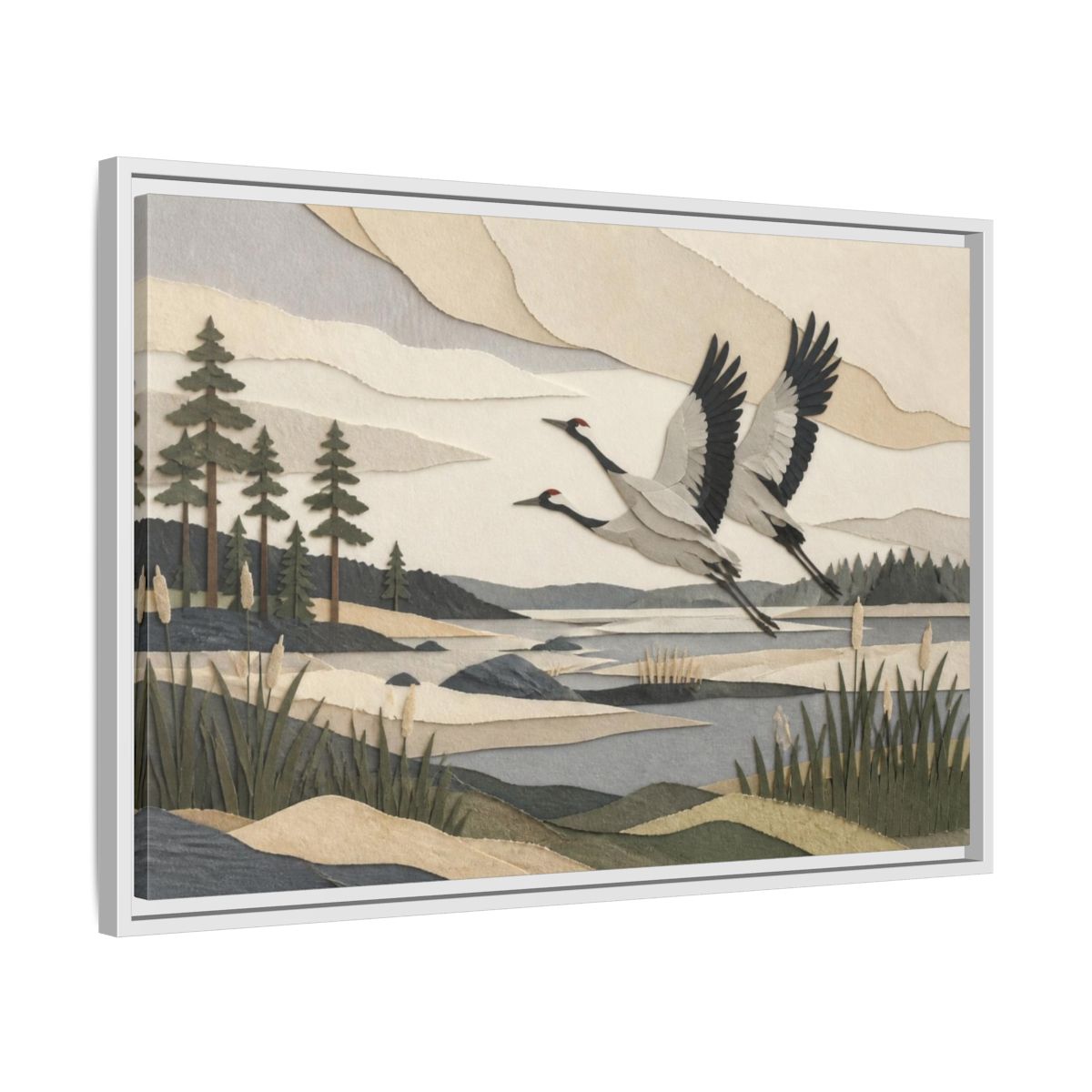 Side Mockup 10. Nordic Crane Flight shown as framed canvas print