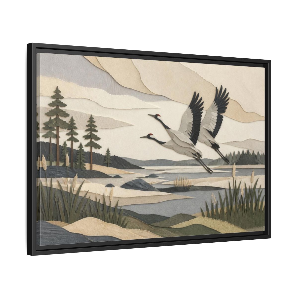 Side Mockup 14. Nordic Crane Flight shown as framed canvas print