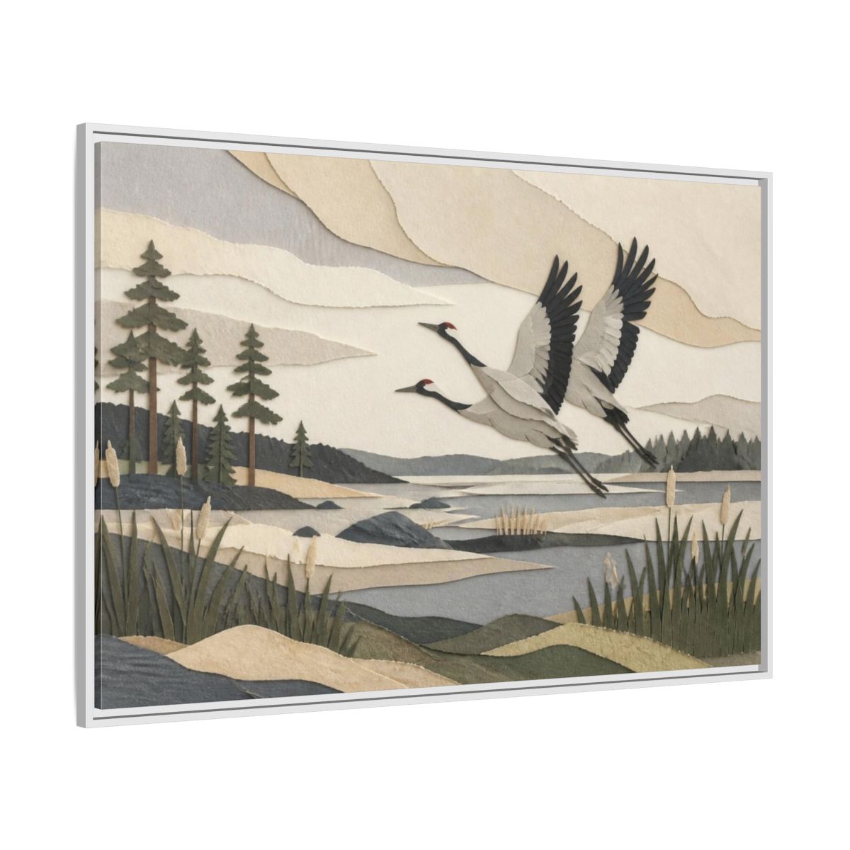 Side Mockup 7. Nordic Crane Flight shown as framed canvas print