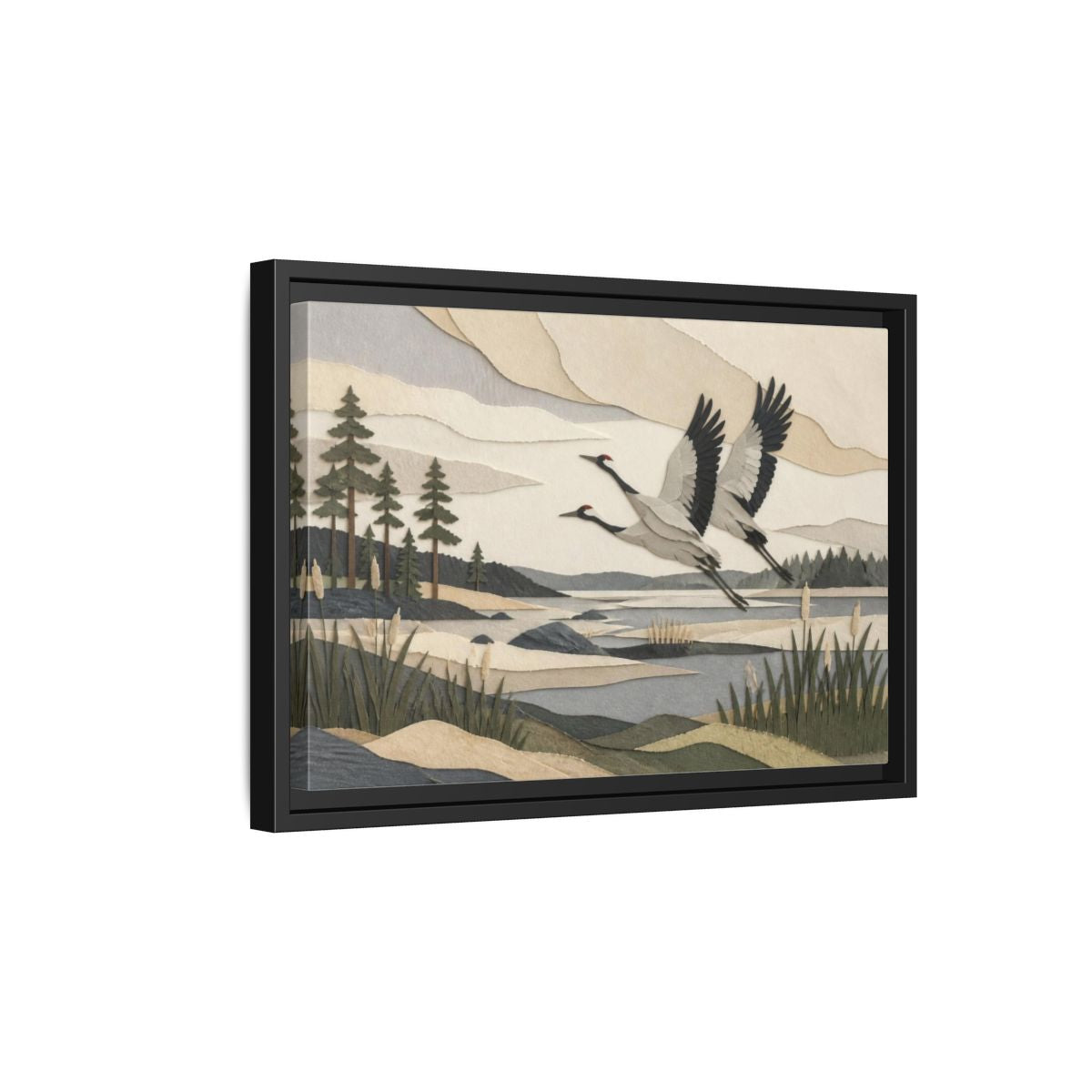 Side Mockup 6. Nordic Crane Flight shown as framed canvas print