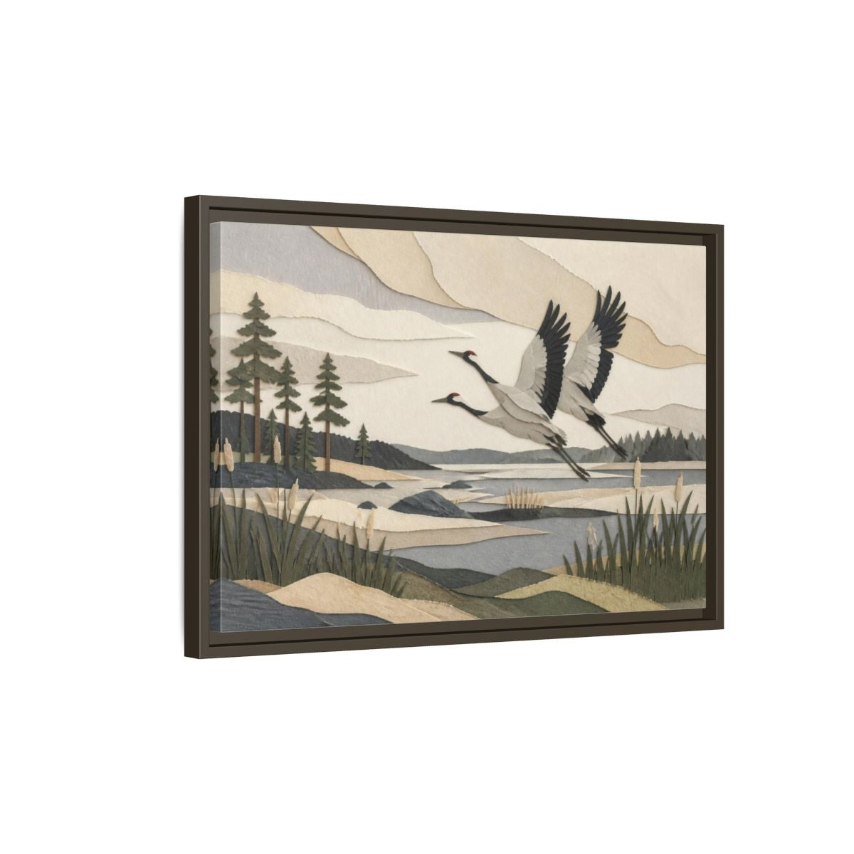 Side Mockup 2. Nordic Crane Flight shown as framed canvas print