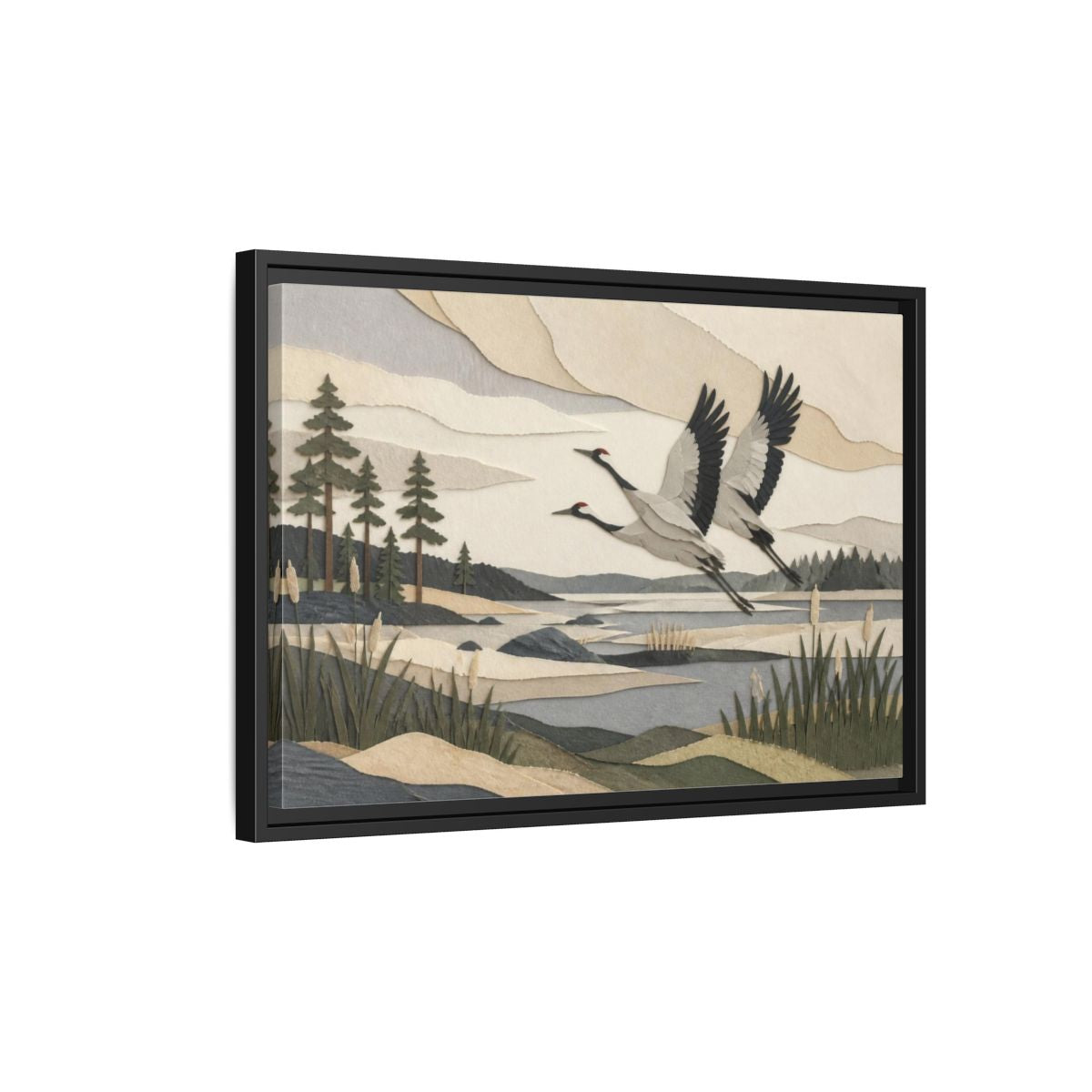 Side Mockup 3. Nordic Crane Flight shown as framed canvas print