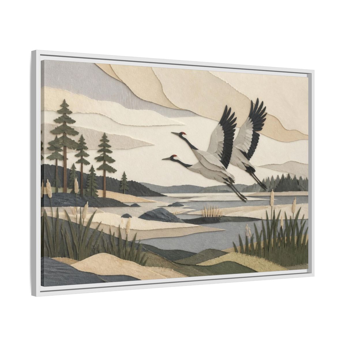 Side Mockup 9. Nordic Crane Flight shown as framed canvas print