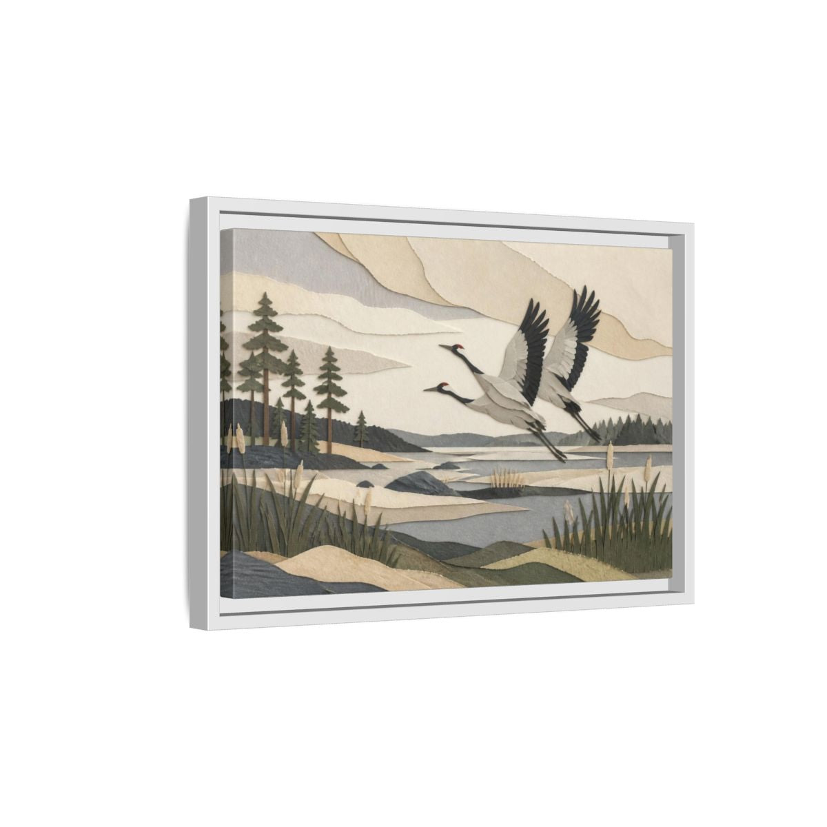 Side Mockup 4. Nordic Crane Flight shown as framed canvas print