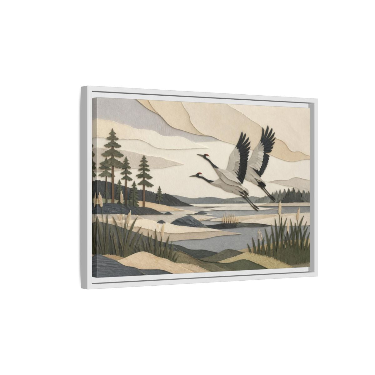 Side Mockup 1. Nordic Crane Flight shown as framed canvas print