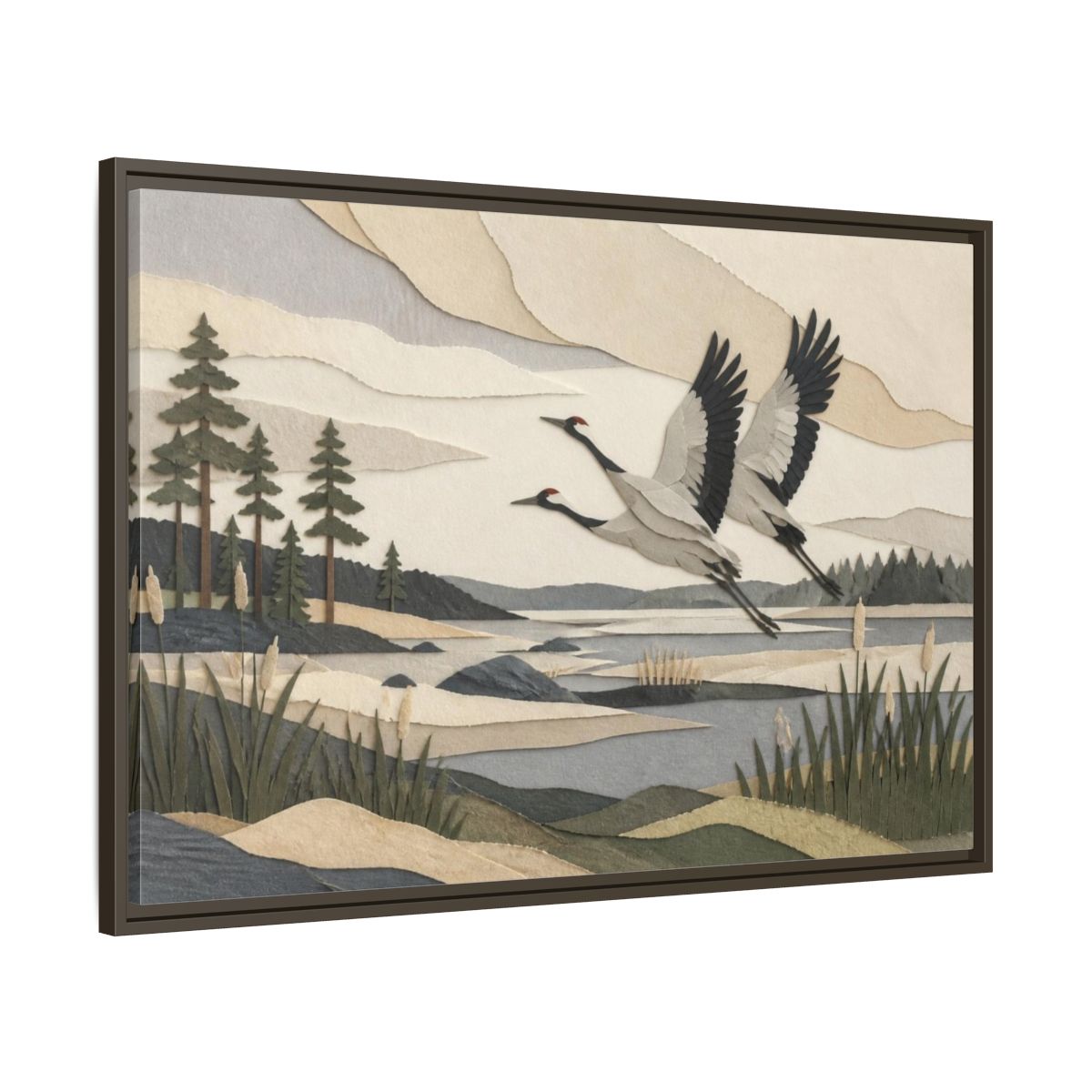 Main Mockup. Nordic Crane Flight shown as framed canvas print