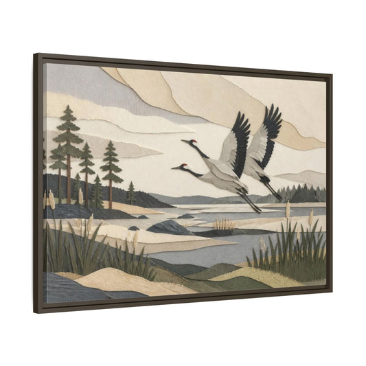 Main Mockup. Nordic Crane Flight shown as framed canvas print