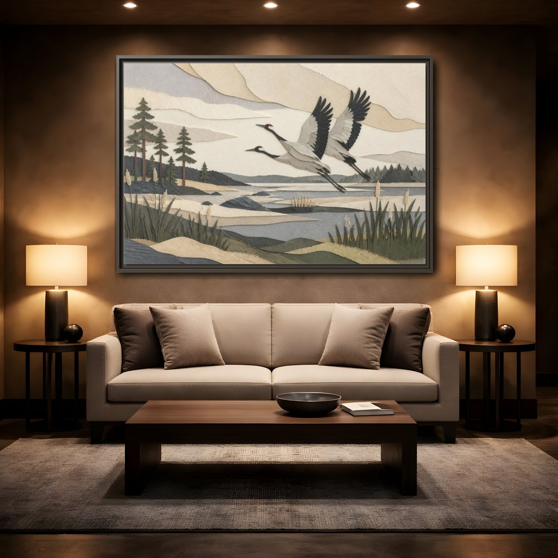 Mockup 2. Nordic Crane Flight shown as framed canvas print