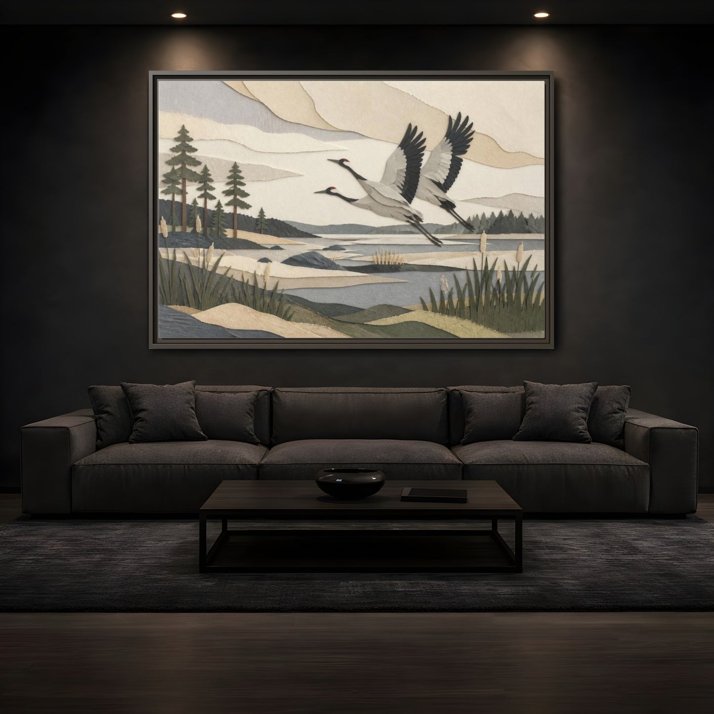 Mockup 3. Nordic Crane Flight shown as framed canvas print