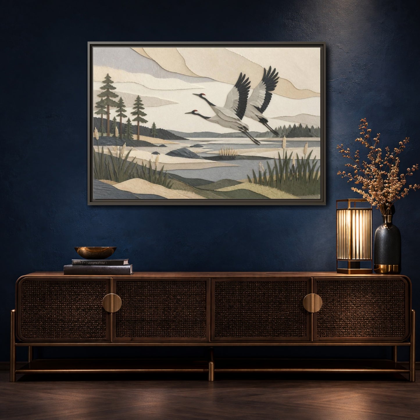Mockup 4. Nordic Crane Flight shown as framed canvas print