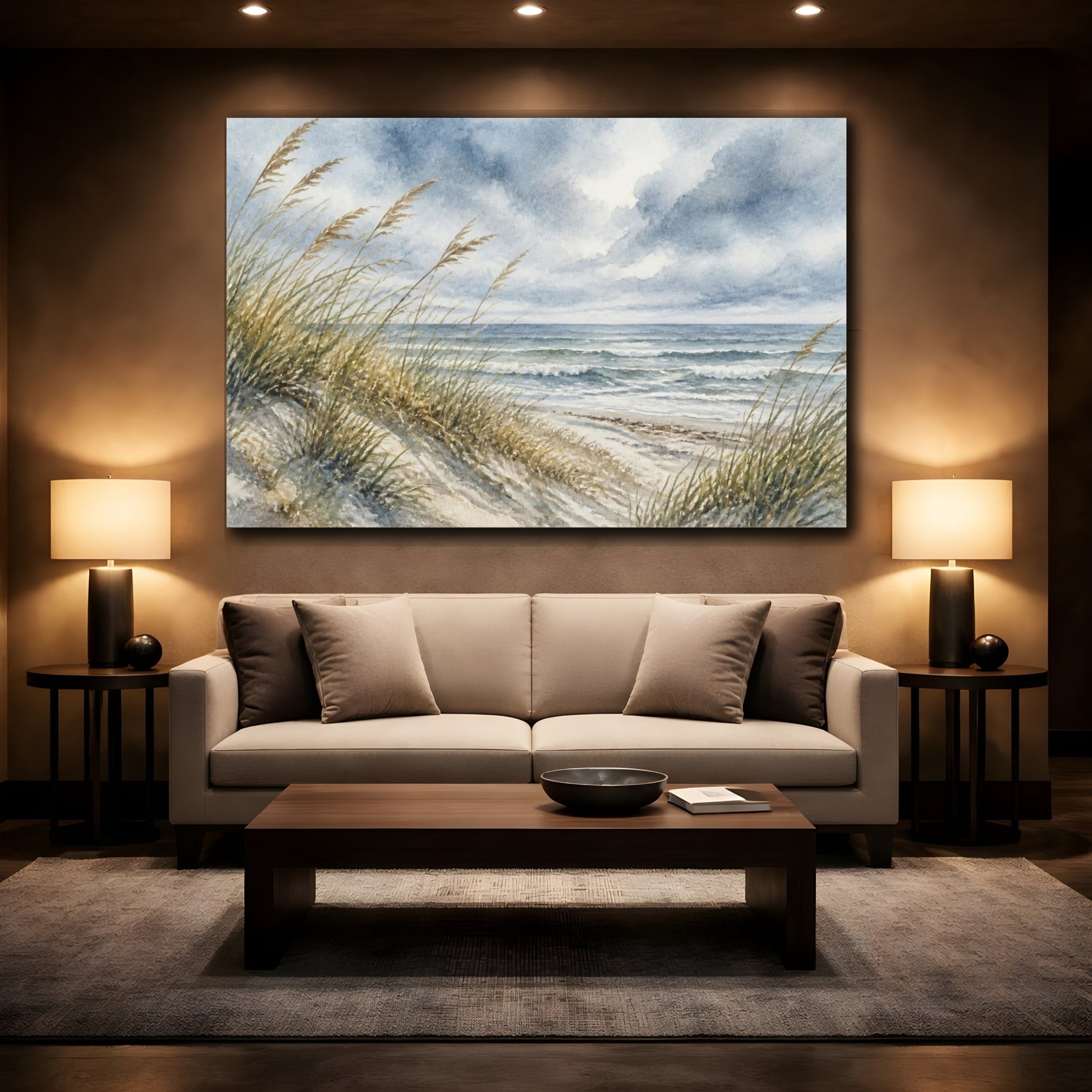 Mockup 2. Nordic Dune Grass Seascape shown as canvas print