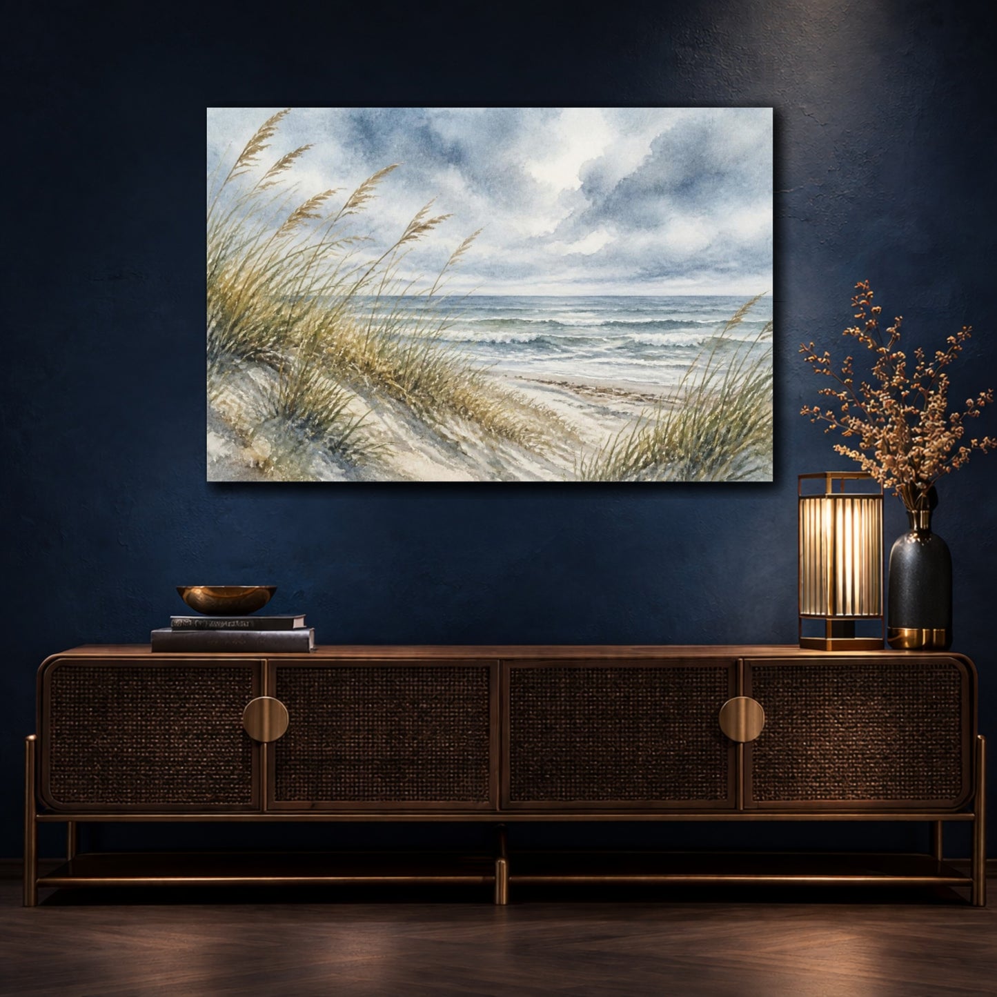 Mockup 4. Nordic Dune Grass Seascape shown as canvas print