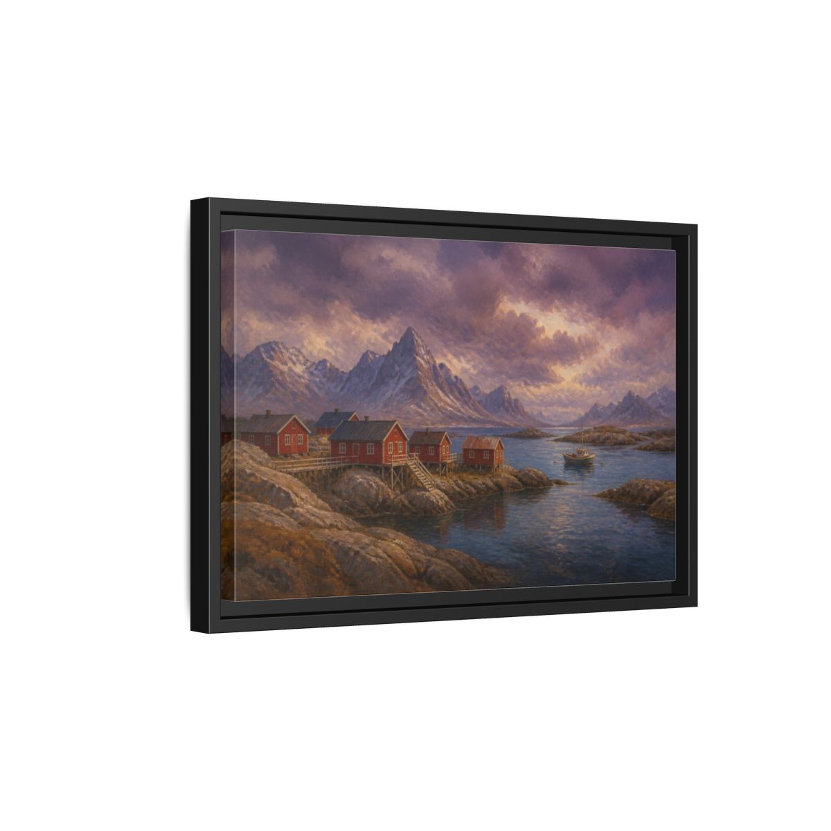 Side Mockup 6. Nordic Fishing Huts shown as framed canvas print