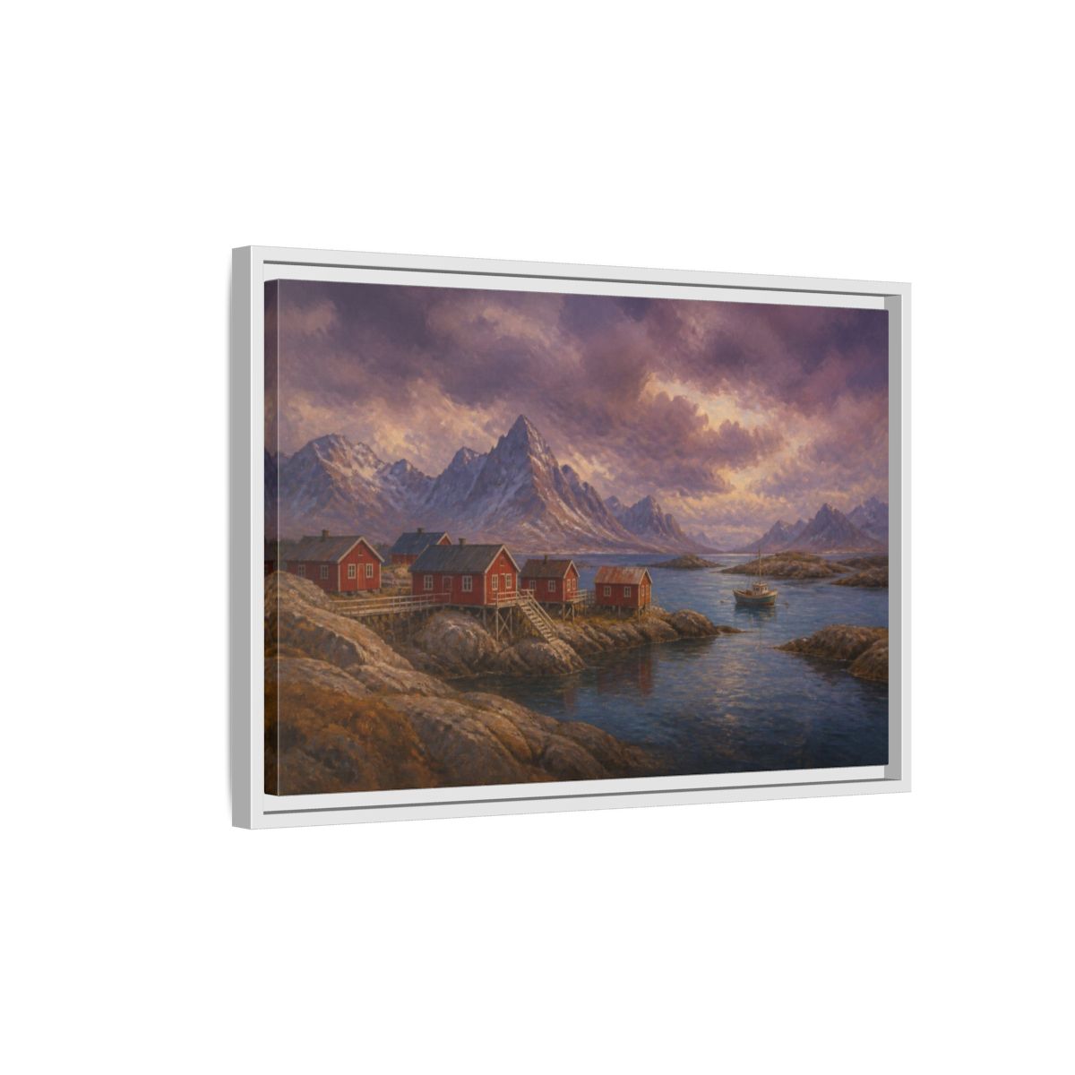Side Mockup 1. Nordic Fishing Huts shown as framed canvas print