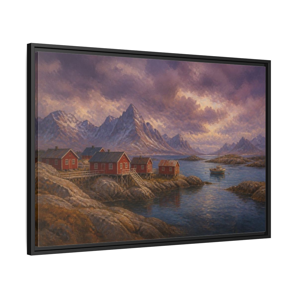 Side Mockup 13. Nordic Fishing Huts shown as framed canvas print
