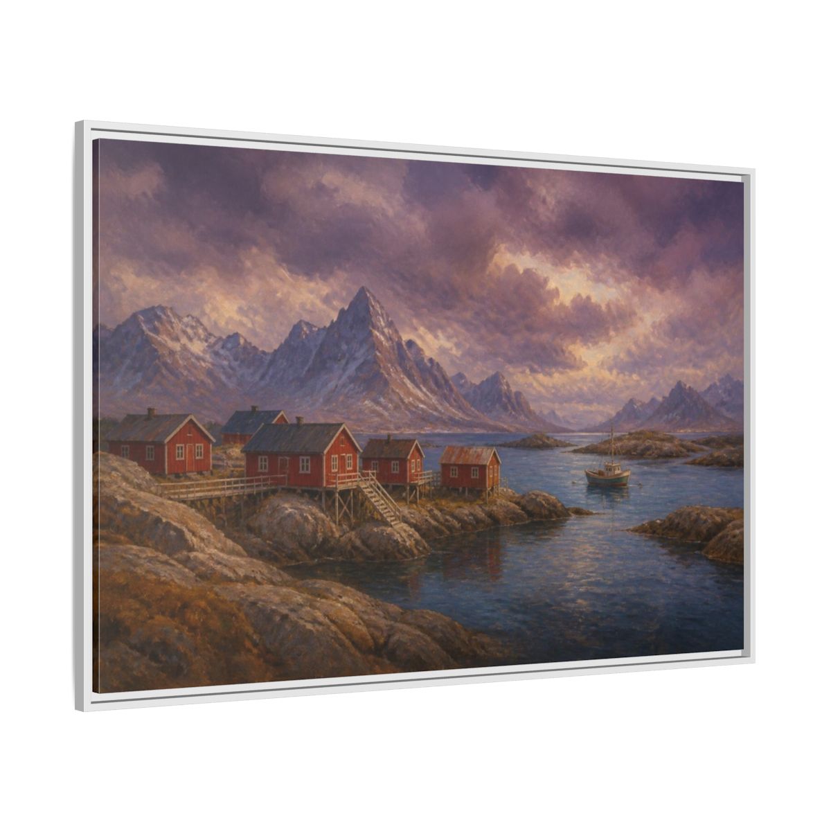 Side Mockup 7. Nordic Fishing Huts shown as framed canvas print