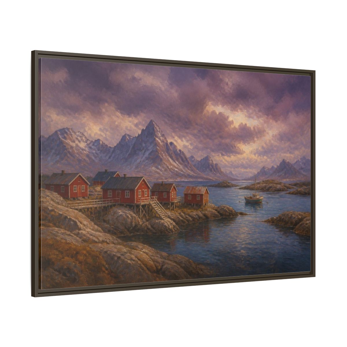 Side Mockup 8. Nordic Fishing Huts shown as framed canvas print