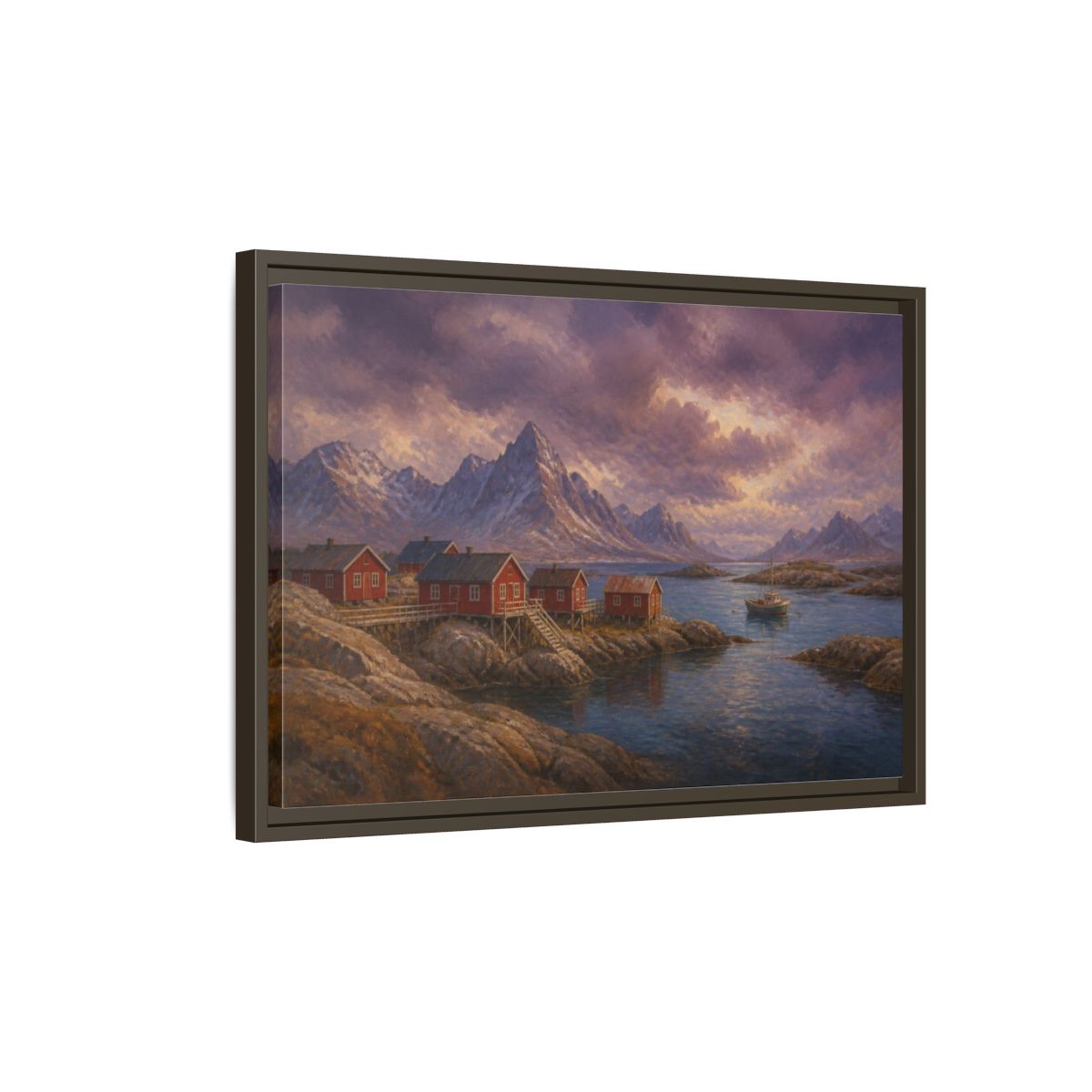 Side Mockup 2. Nordic Fishing Huts shown as framed canvas print