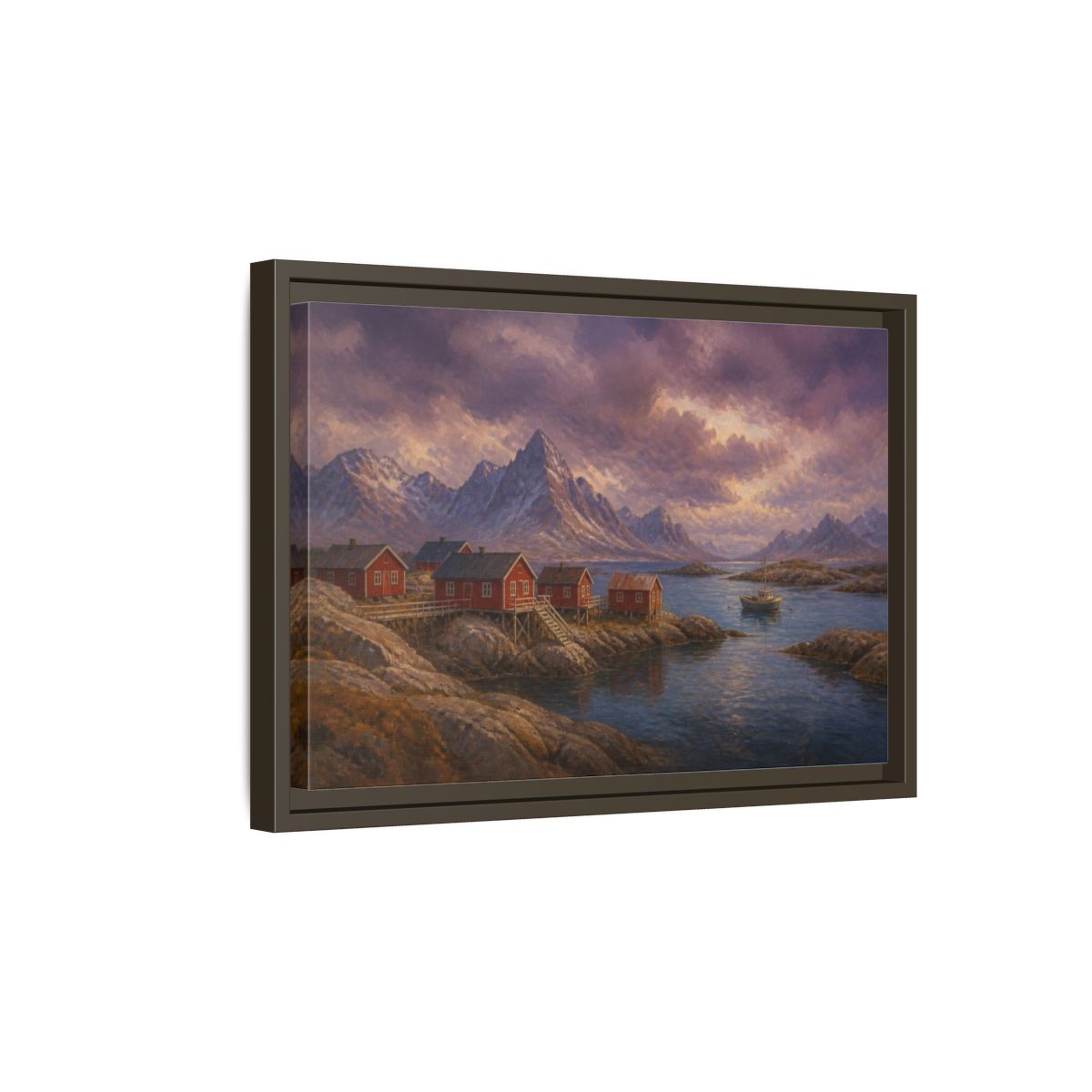 Side Mockup 5. Nordic Fishing Huts shown as framed canvas print