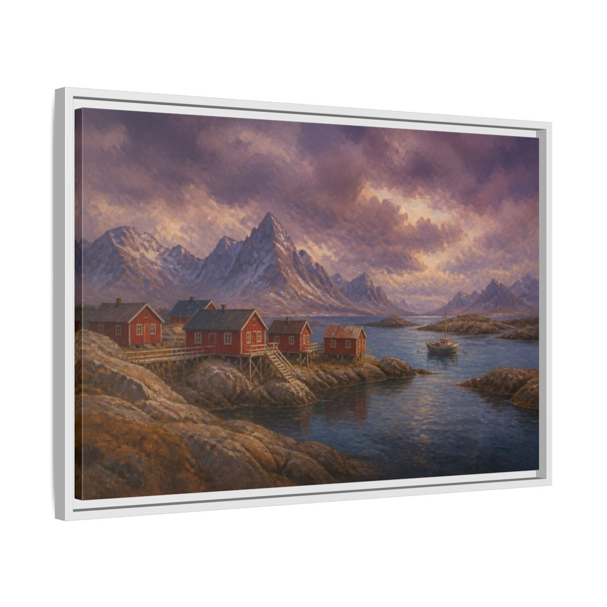 Side Mockup 10. Nordic Fishing Huts shown as framed canvas print