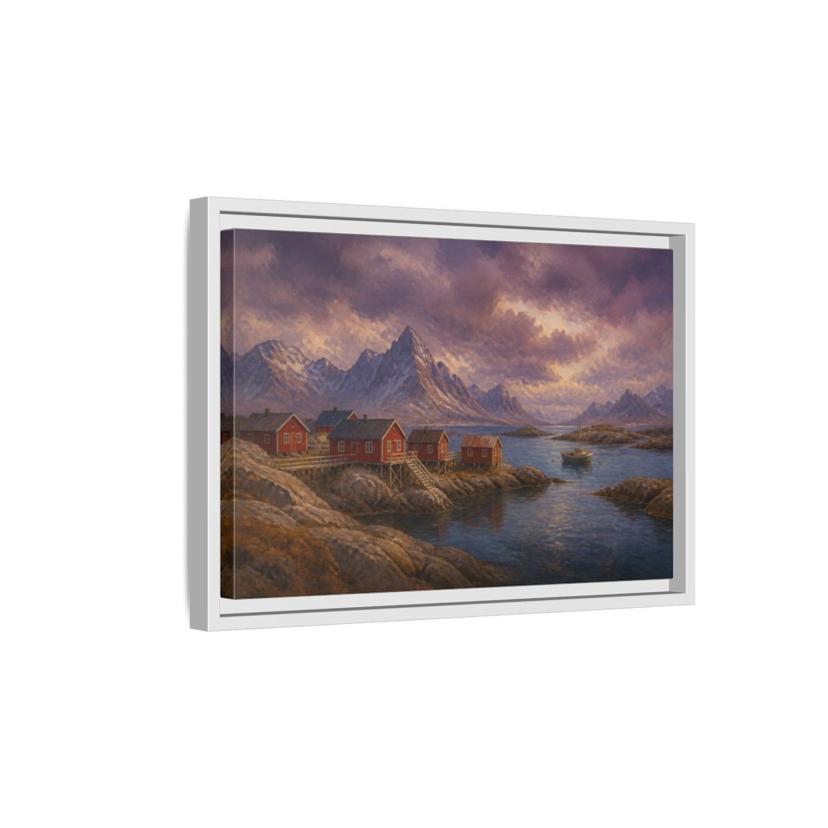 Side Mockup 4. Nordic Fishing Huts shown as framed canvas print