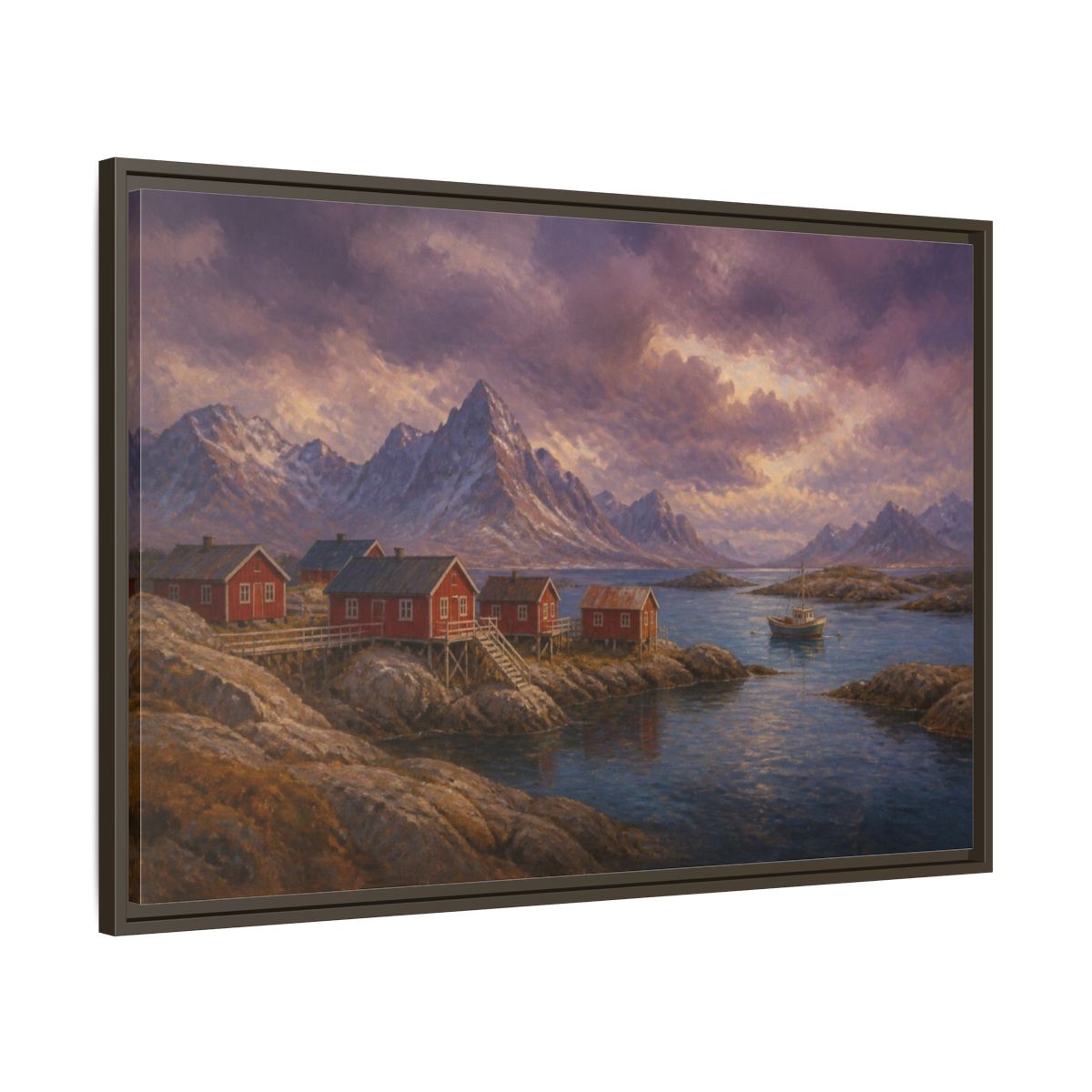 Main Mockup. Nordic Fishing Huts shown as framed canvas print