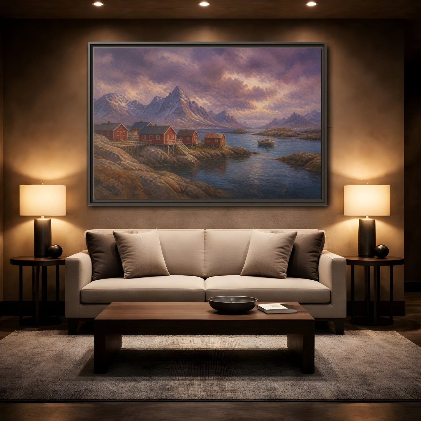 Mockup 2. Nordic Fishing Huts shown as framed canvas print