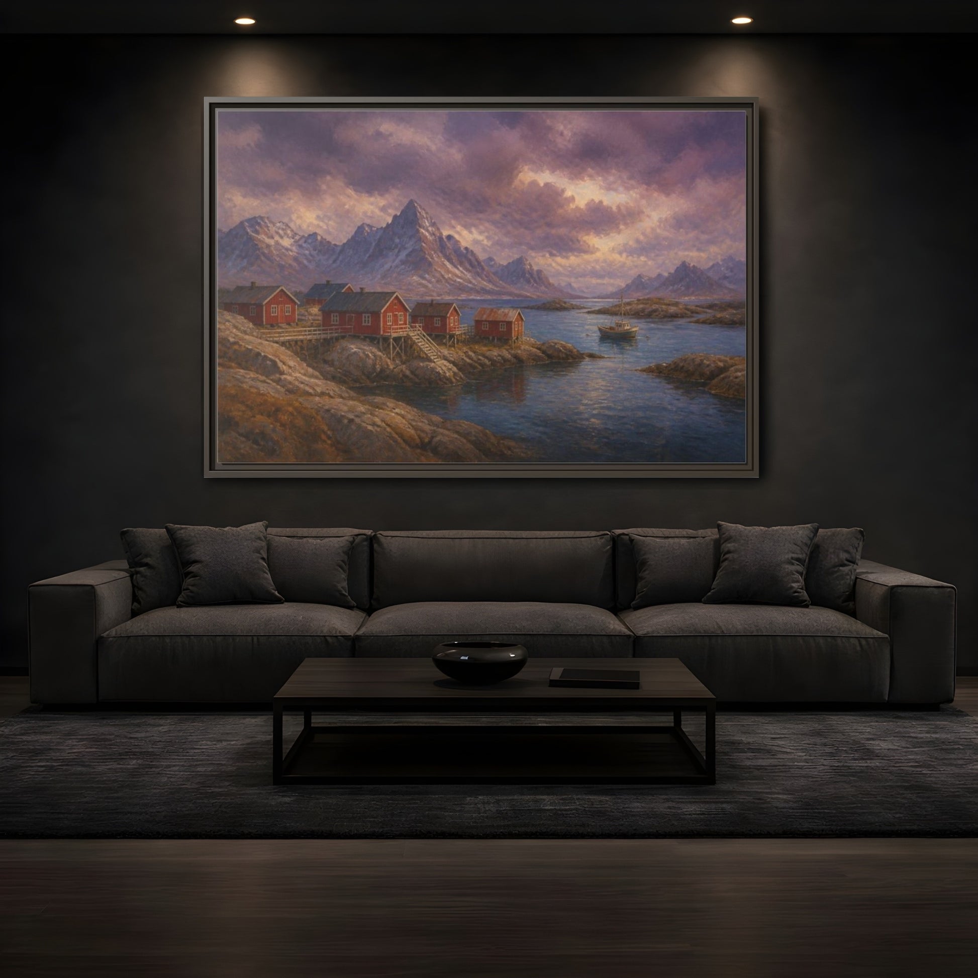 Mockup 3. Nordic Fishing Huts shown as framed canvas print