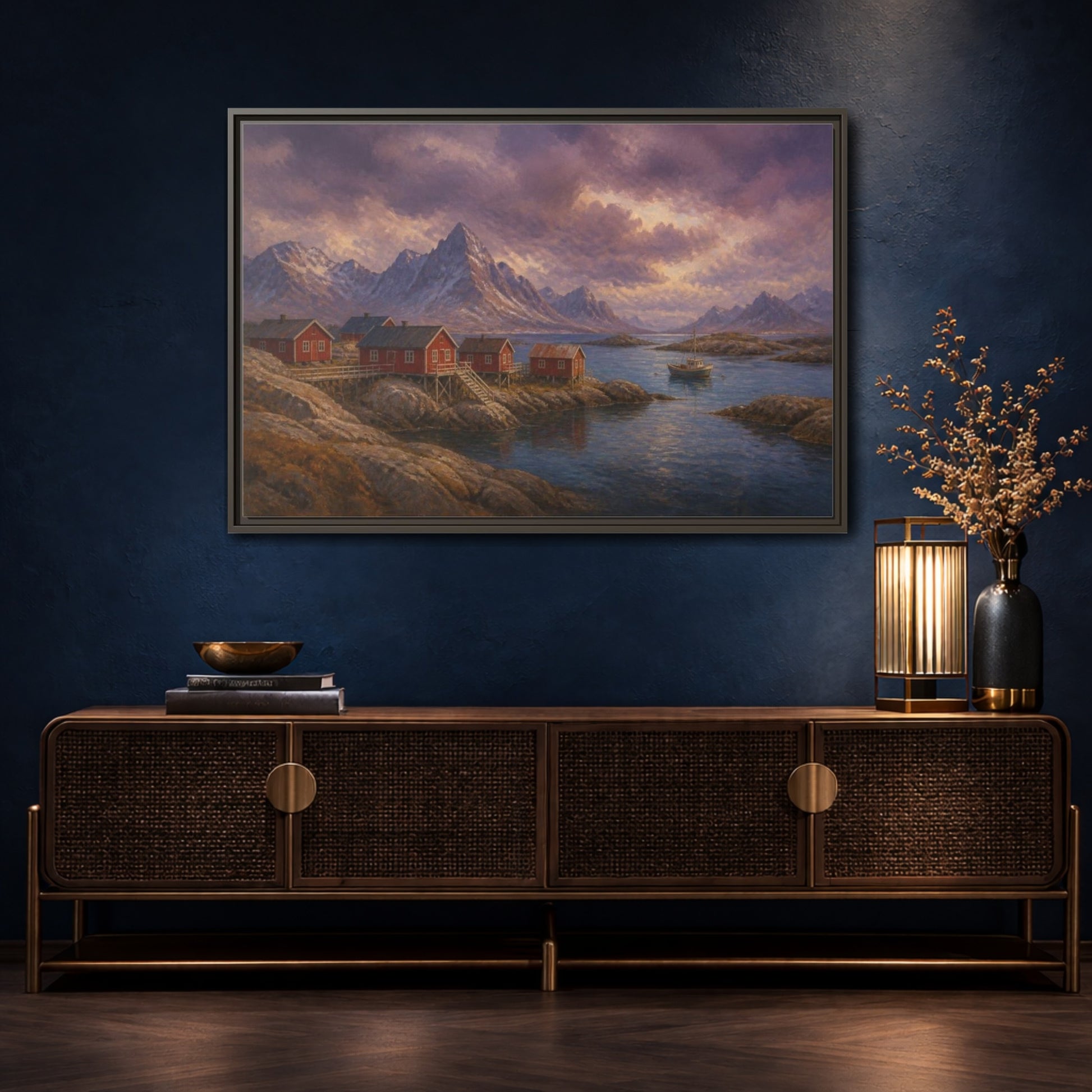 Mockup 4. Nordic Fishing Huts shown as framed canvas print