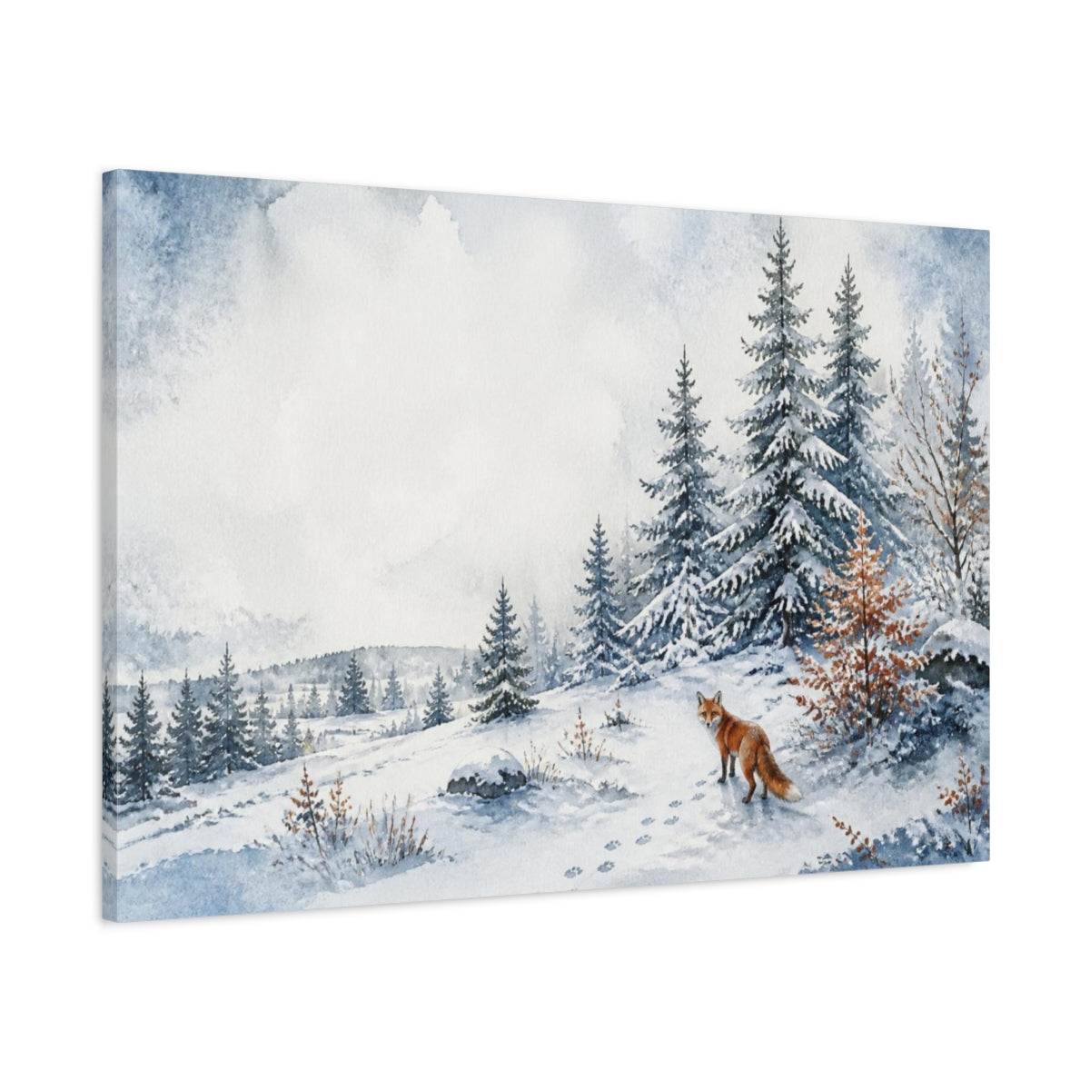 Main Mockup. Nordic Fox In Snow shown as canvas print