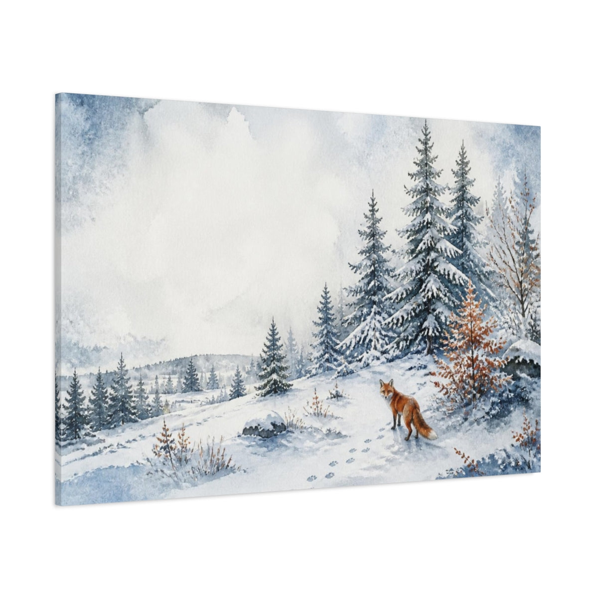 Side Mockup 1. Nordic Fox In Snow shown as canvas print