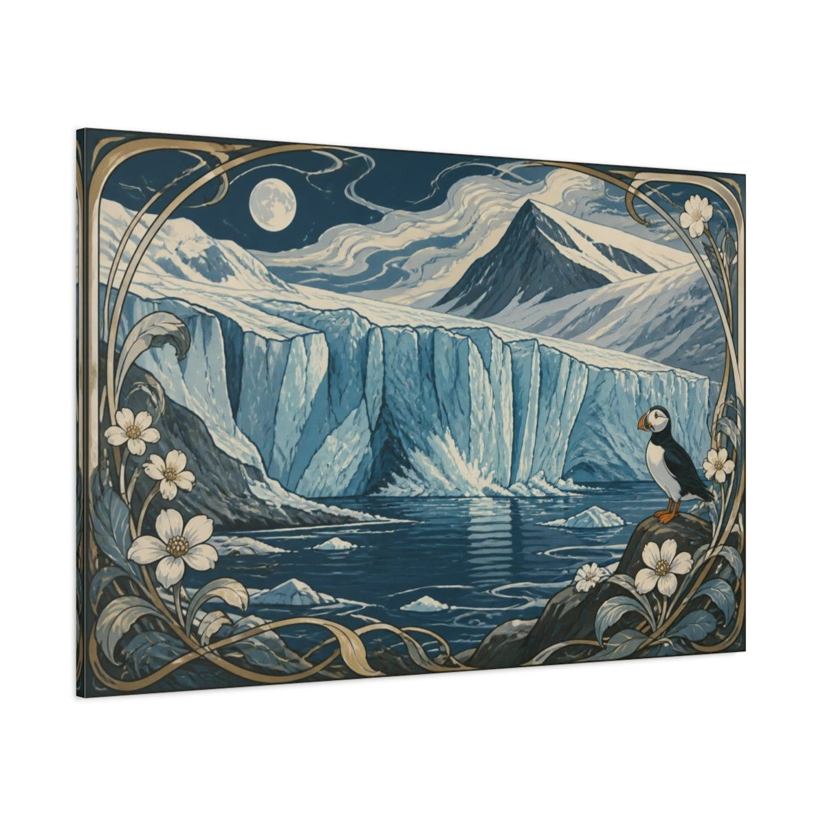 Side Mockup 1. Nordic Glacier At Midnight shown as canvas print