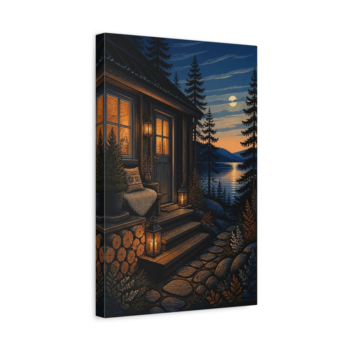 Side Mockup 4. Nordic Lakeside Cabin shown as canvas print