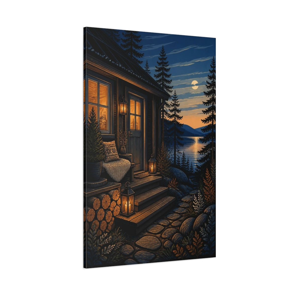 Side Mockup 1. Nordic Lakeside Cabin shown as canvas print