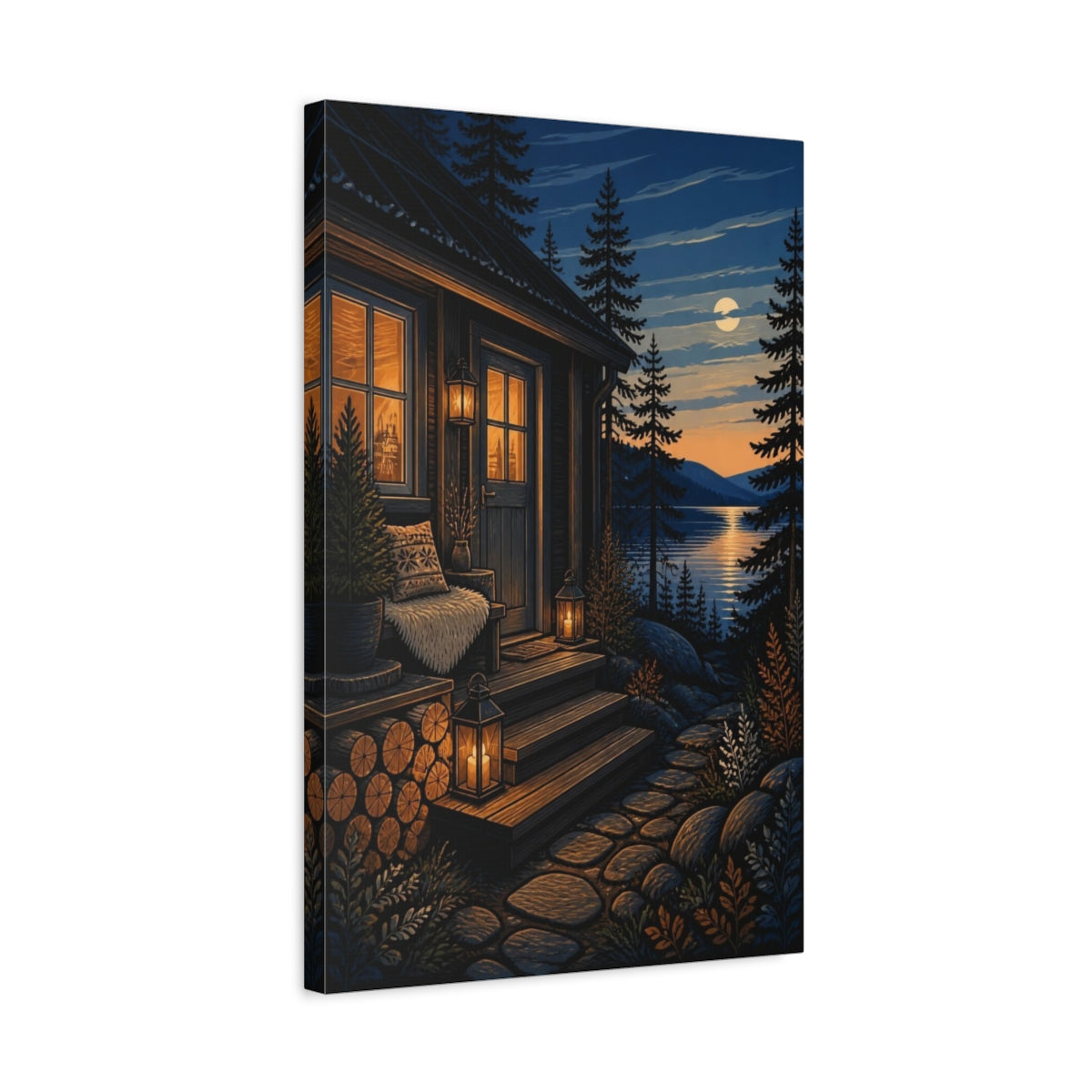Side Mockup 3. Nordic Lakeside Cabin shown as canvas print