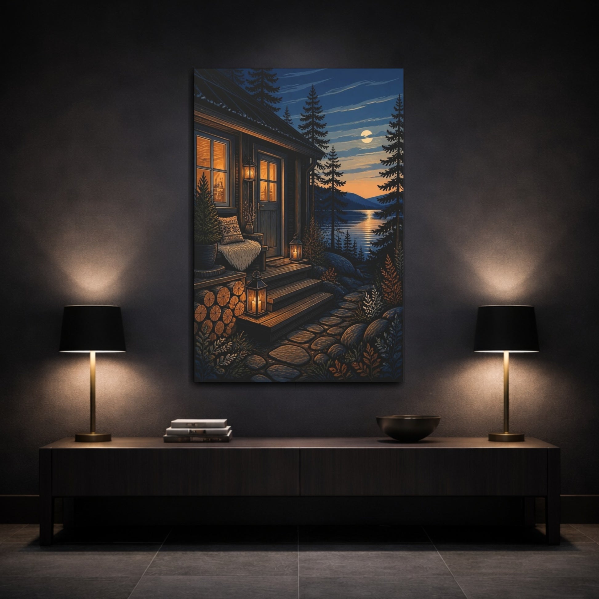 Mockup 3. Nordic Lakeside Cabin shown as canvas print