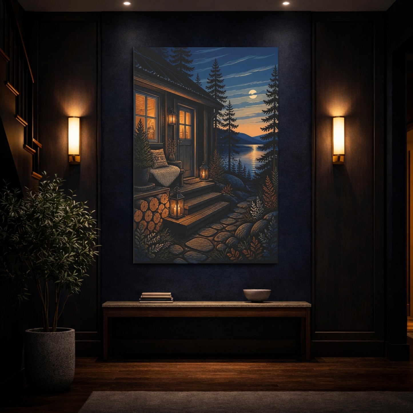 Mockup 4. Nordic Lakeside Cabin shown as canvas print