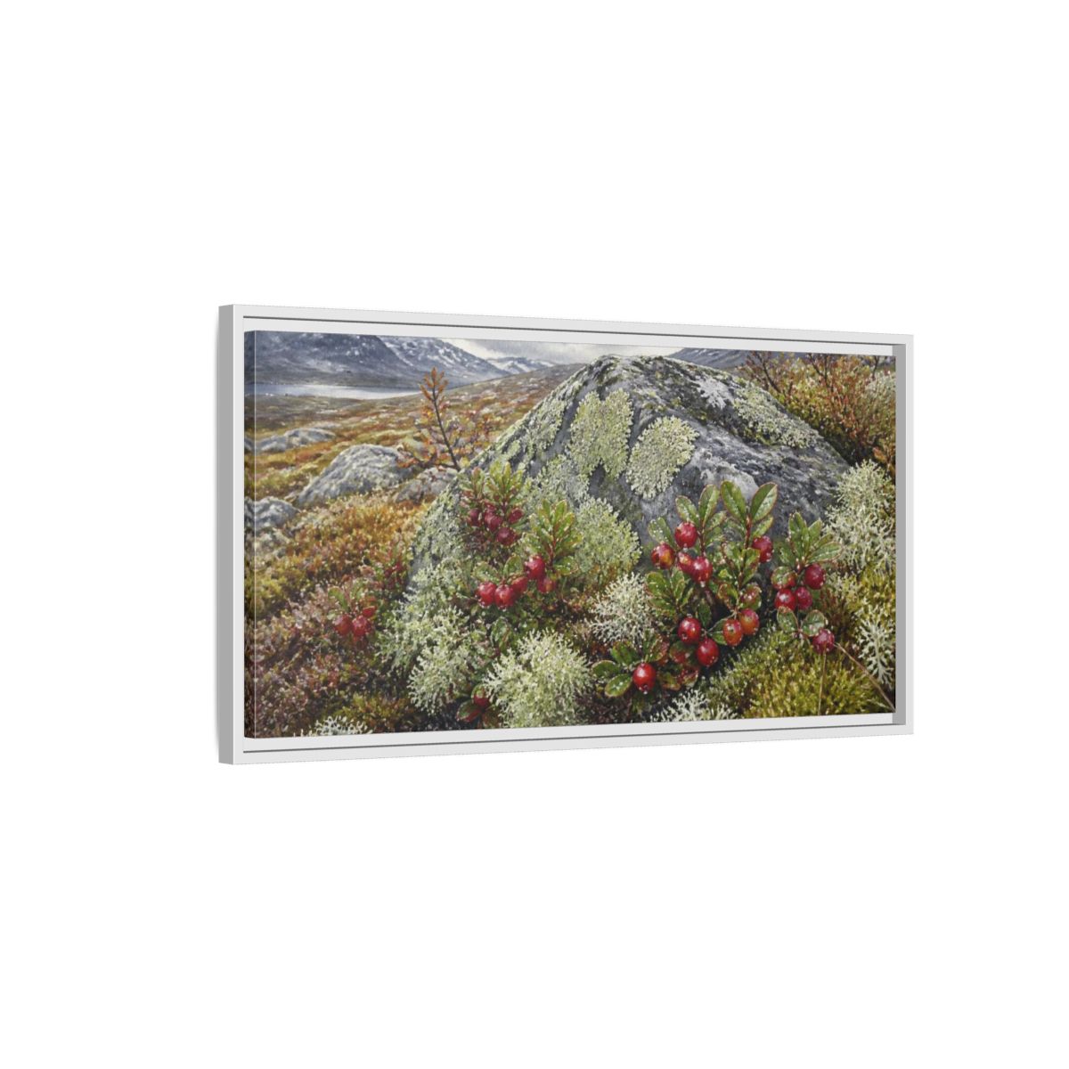 Side Mockup 1. Nordic Lingonberry Rock shown as framed canvas print