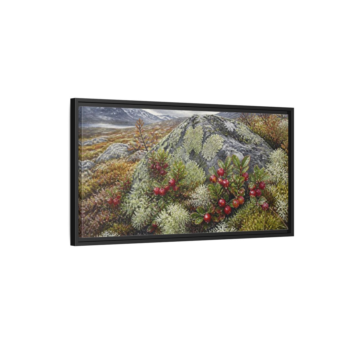 Side Mockup 2. Nordic Lingonberry Rock shown as framed canvas print